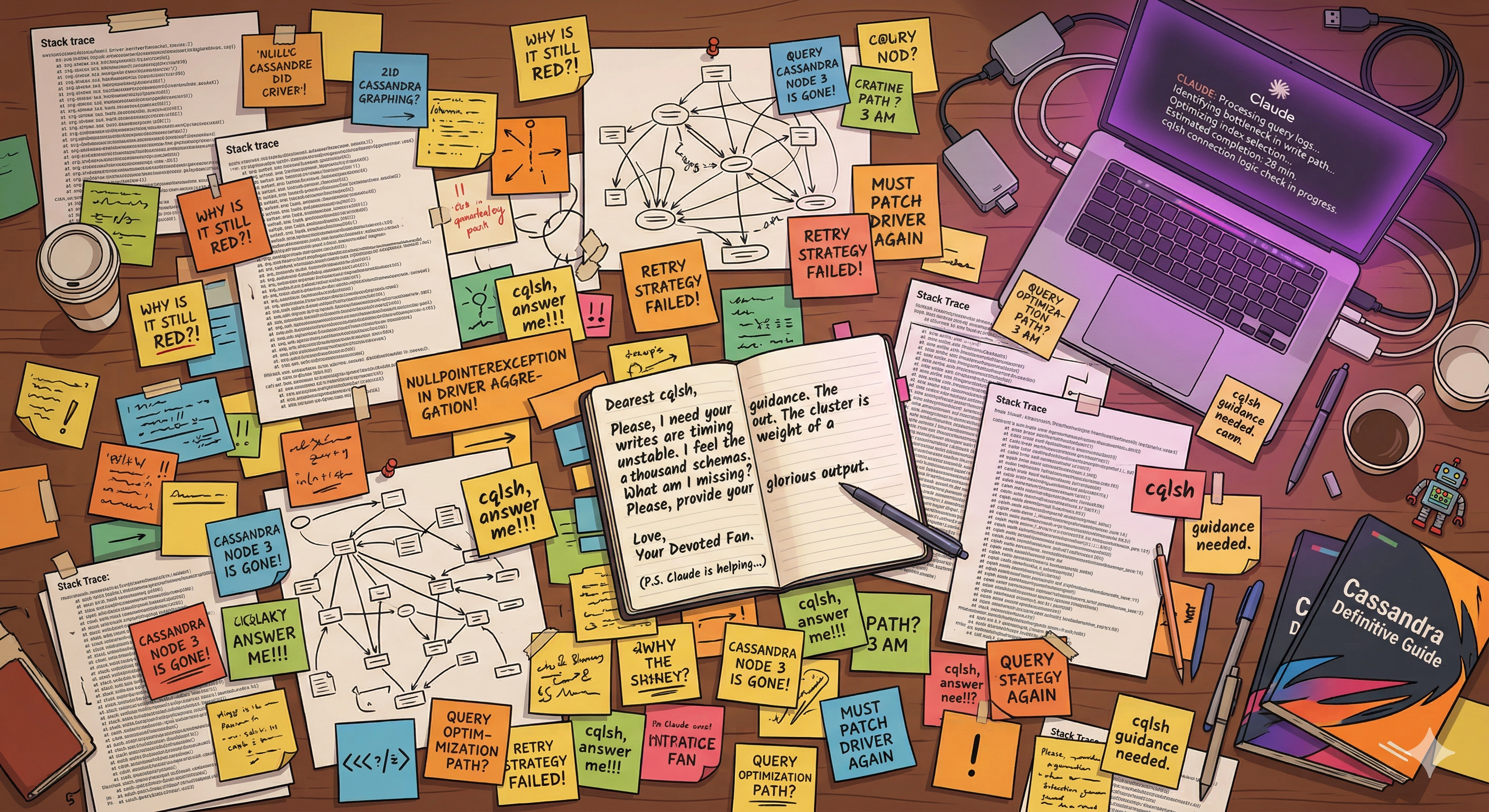 A cluttered obsessive fan's desk with sticky notes, stack traces, and a glowing purple laptop in the corner
