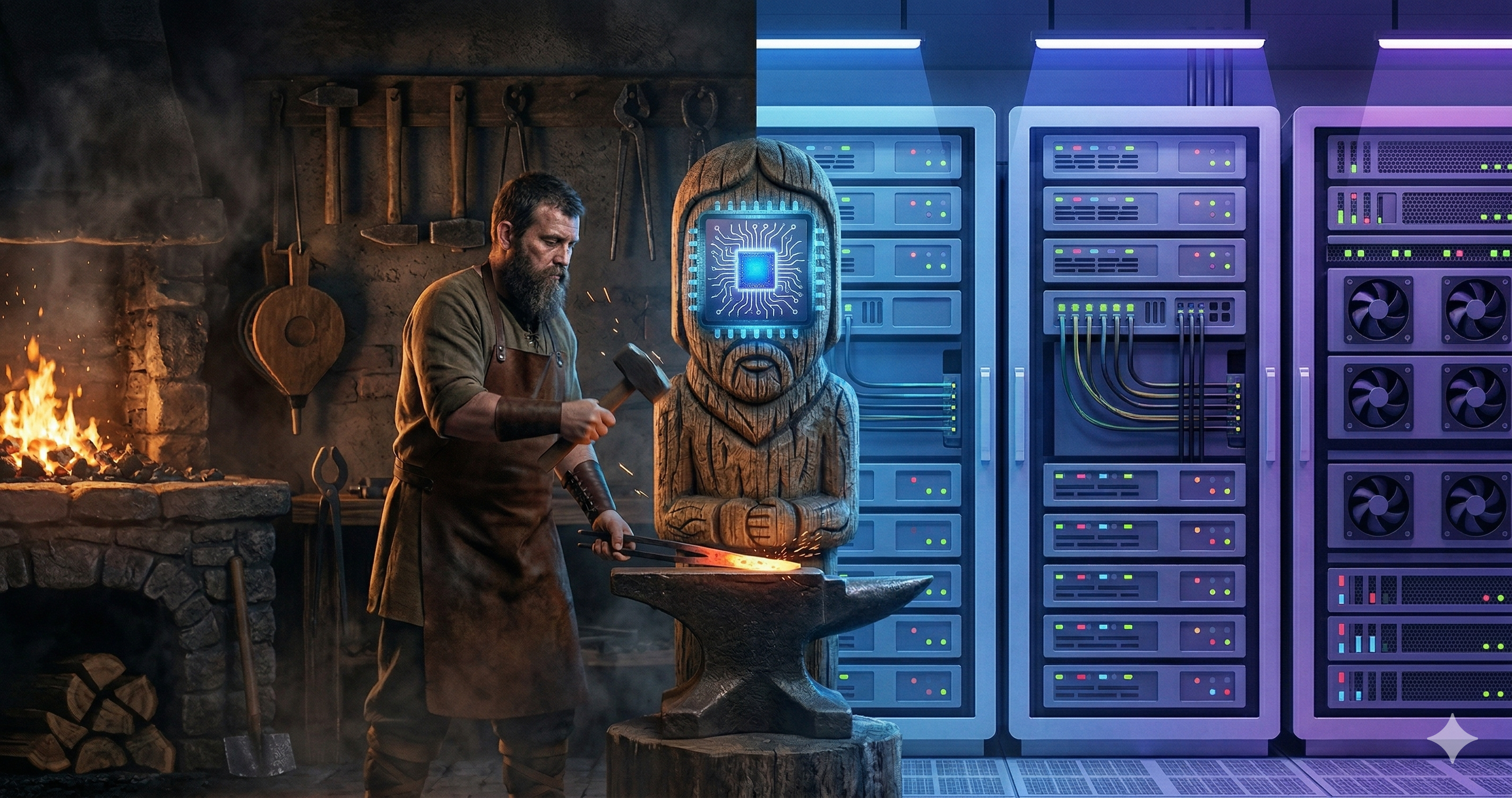 חרש עתיק מגלף פסל עץ שפניו שבב בינה מלאכותית — חצי סדנה עתיקה, חצי חדר שרתים מודרני